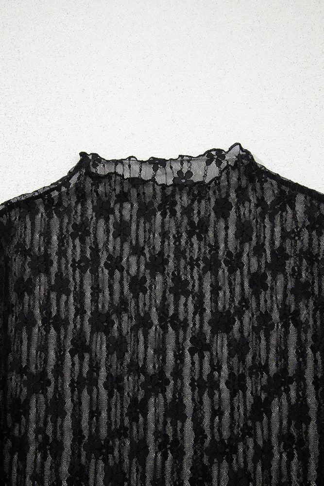 Black Sheer Floral Lace Long Sleeve Top - LECCE