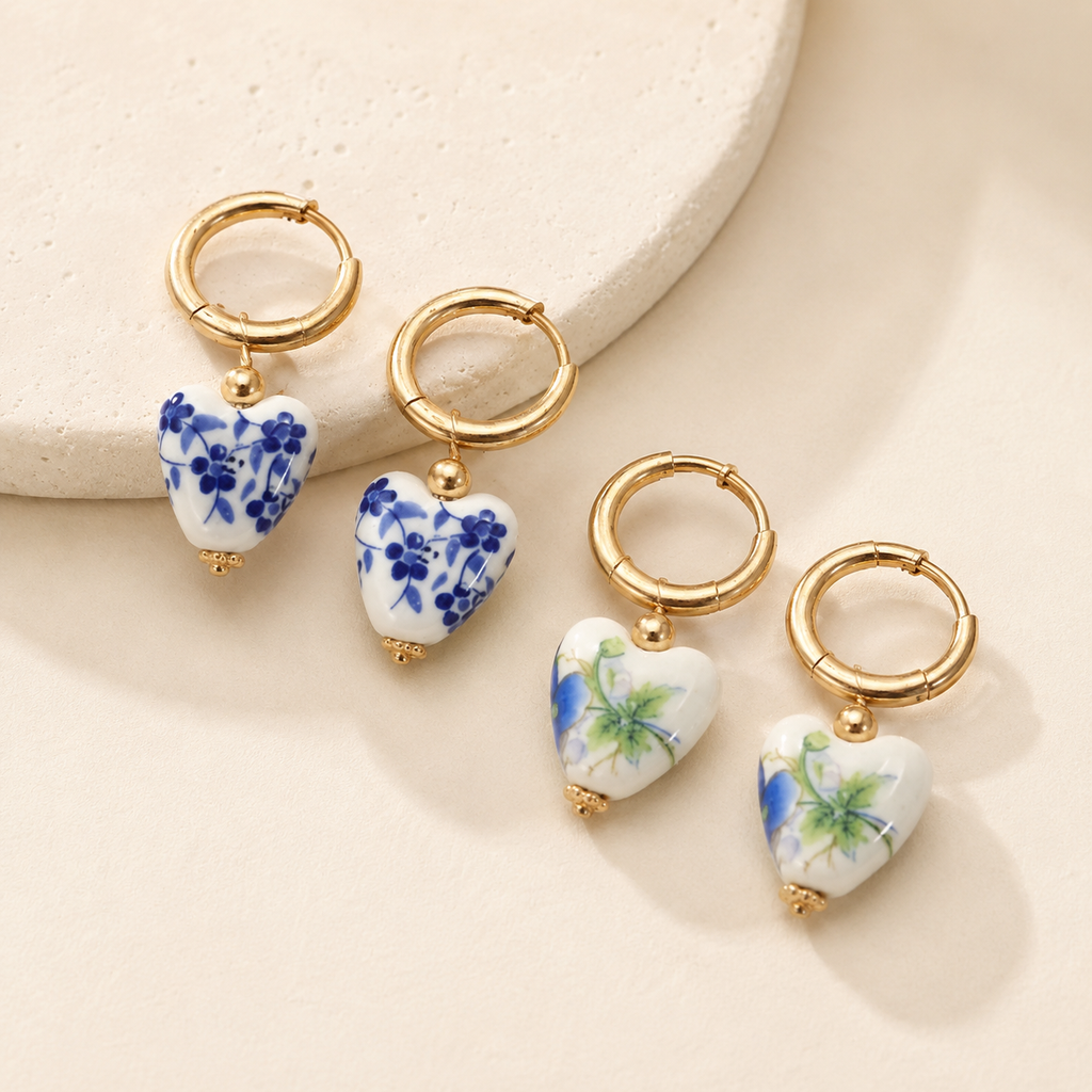 18K Gold Bow Huggie Hoop Earrings – Blue Ceramic Porcelain