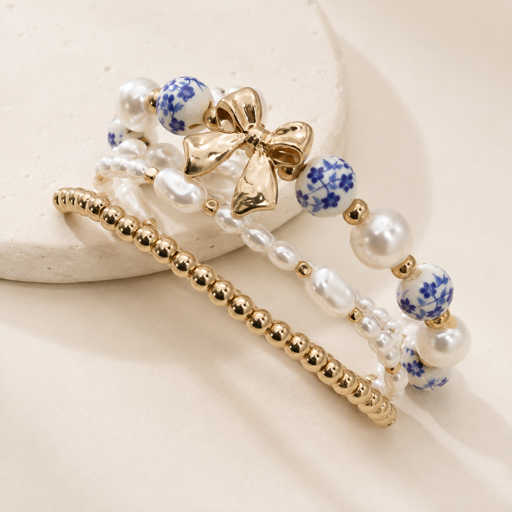 Blue Ceramic Porcelain Bow Multi Layer Bracelet
