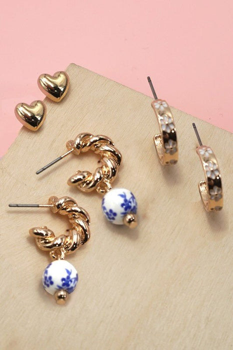Blue Ceramic Porcelain Trio Huggie Hoop Earrings - LECCE