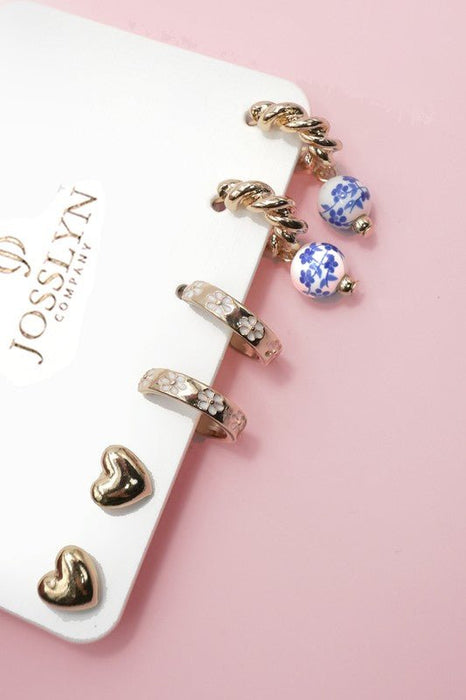 Blue Ceramic Porcelain Trio Huggie Hoop Earrings - LECCE