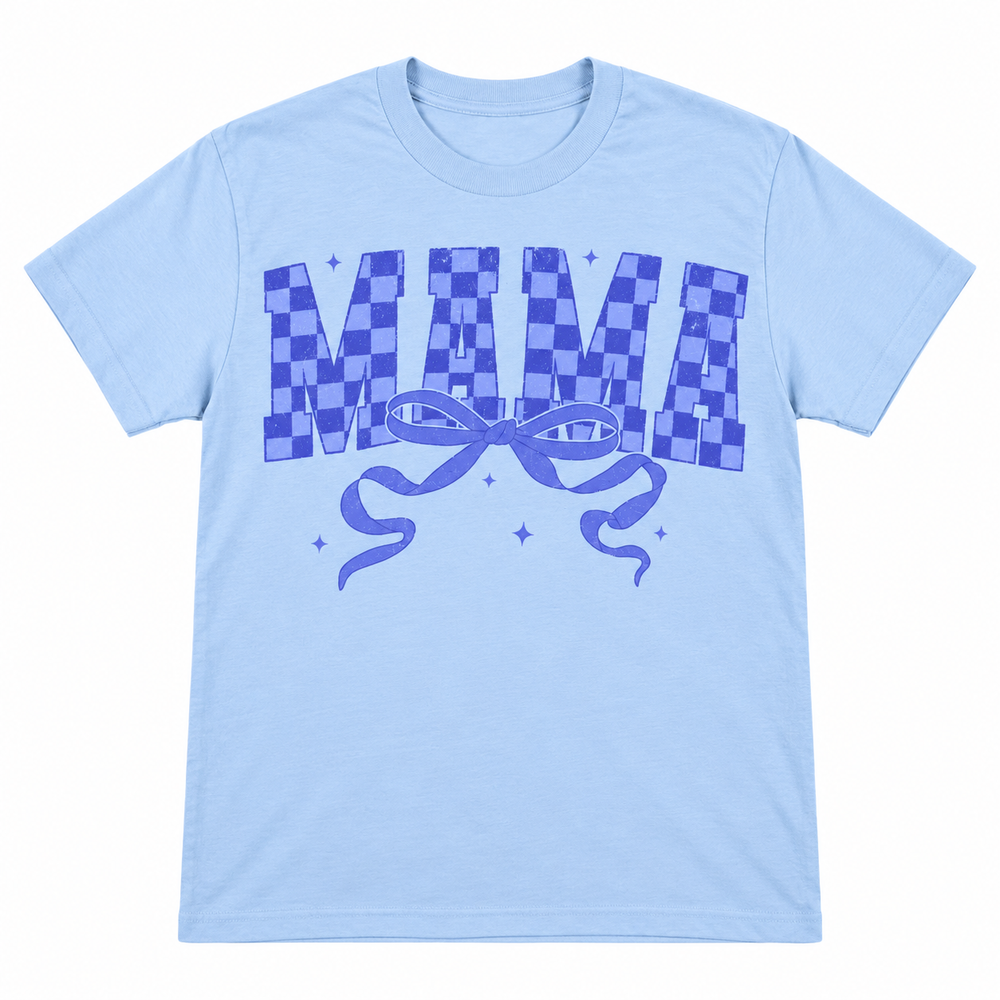 Blue Checkered Mama Bow Graphic T-Shirt on white background