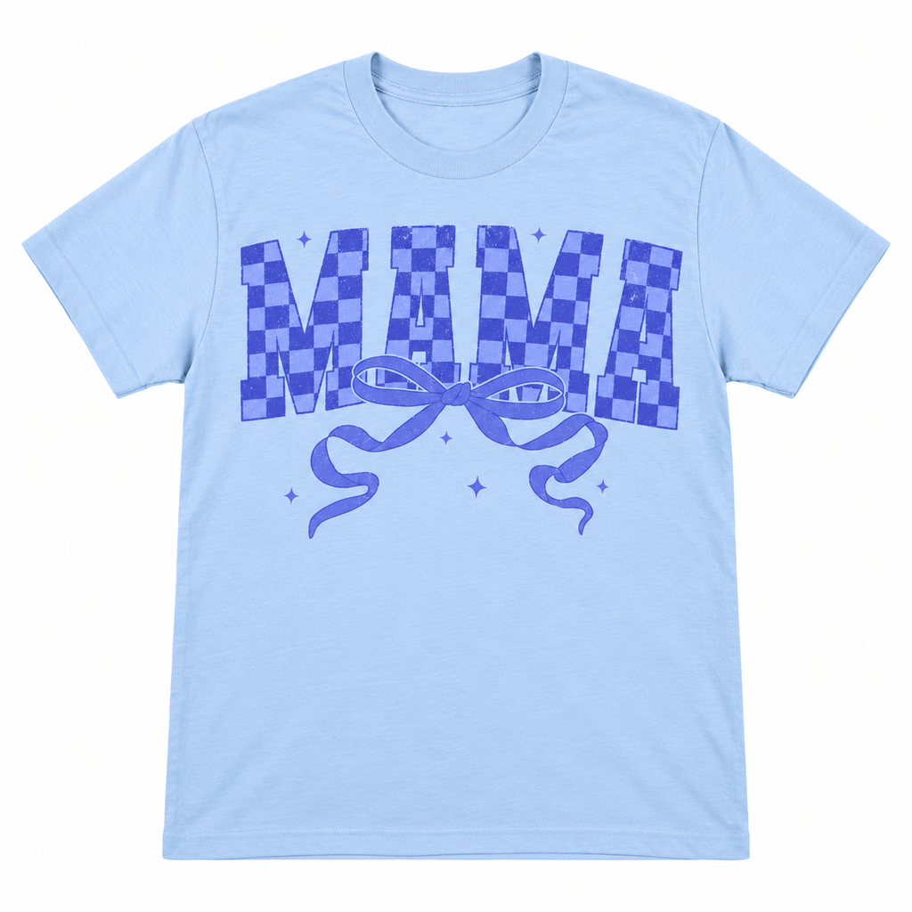 Blue Checkered Mama Bow Graphic T-Shirt