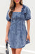 Blue Denim Frilly Square Neck Bustier Puff Sleeve Mini Dress - LECCE