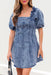 Blue Denim Frilly Square Neck Bustier Puff Sleeve Mini Dress - LECCE