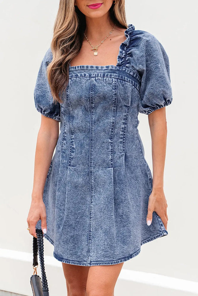 Blue Denim Frilly Square Neck Bustier Puff Sleeve Mini Dress - LECCE
