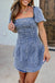 Blue Denim Frilly Square Neck Bustier Puff Sleeve Mini Dress - LECCE