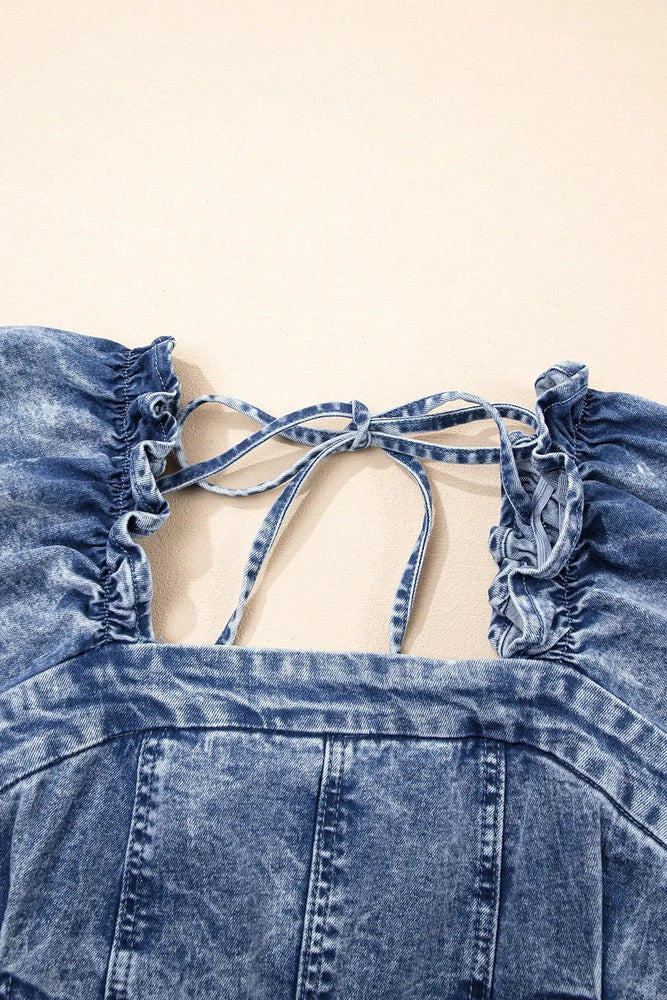 Blue Denim Frilly Square Neck Bustier Puff Sleeve Mini Dress - LECCE