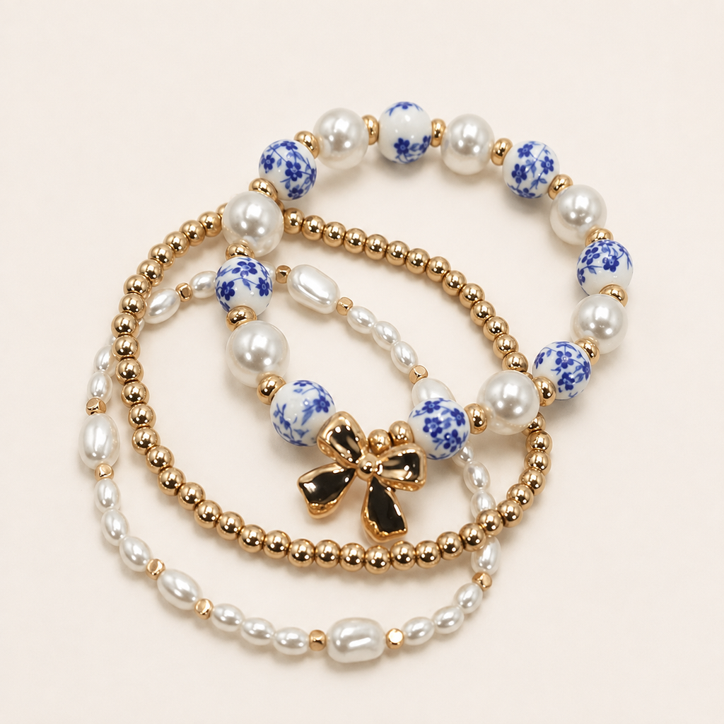 Blue Ceramic Porcelain Bow Multi Layer Bracelet