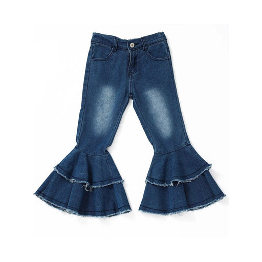 Blue Washed Double Layer Girls Bell Bottom Jeans - LECCE