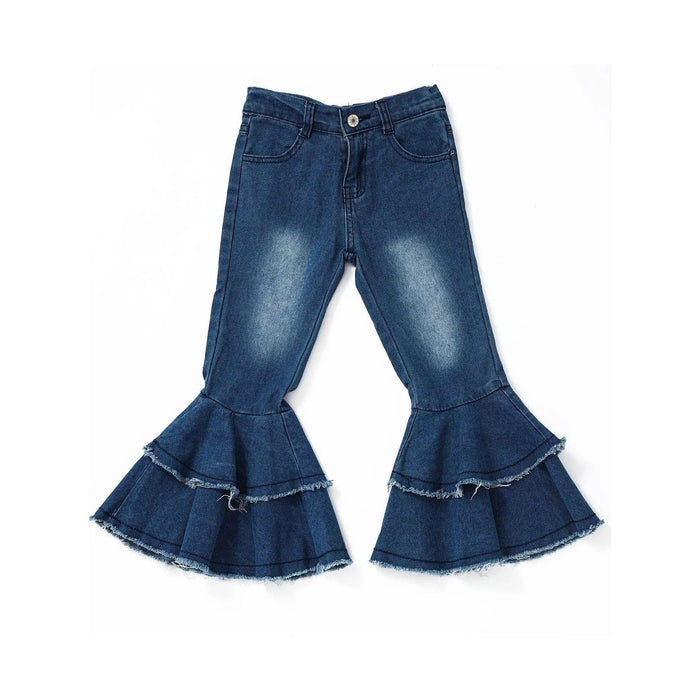 Blue Washed Double Layer Girls Bell Bottom Jeans - LECCE