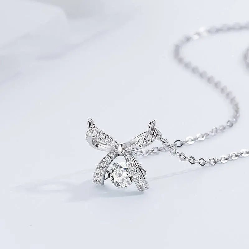 Bow Bowknot Dancing Stone Necklace in 925 Sterling Silver - LECCE