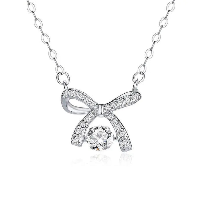 Bow Bowknot Dancing Stone Necklace in 925 Sterling Silver - LECCE