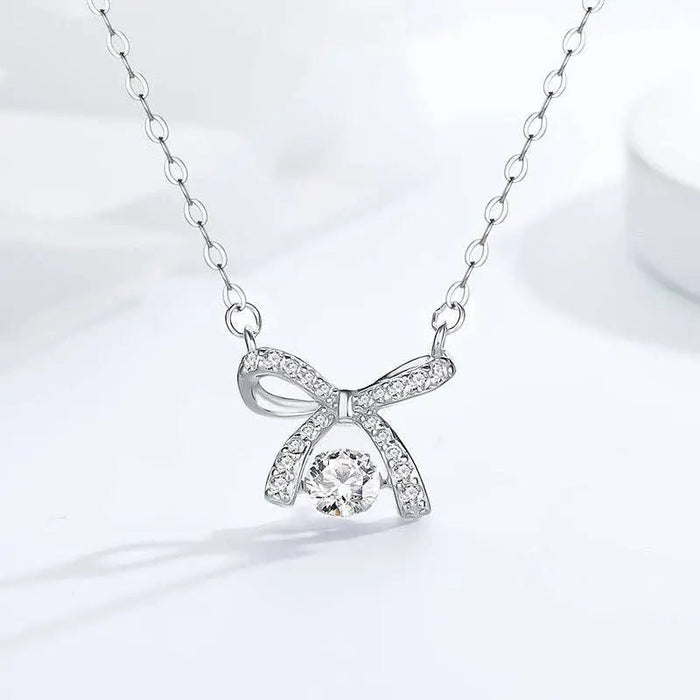 Bow Bowknot Dancing Stone Necklace in 925 Sterling Silver - LECCE