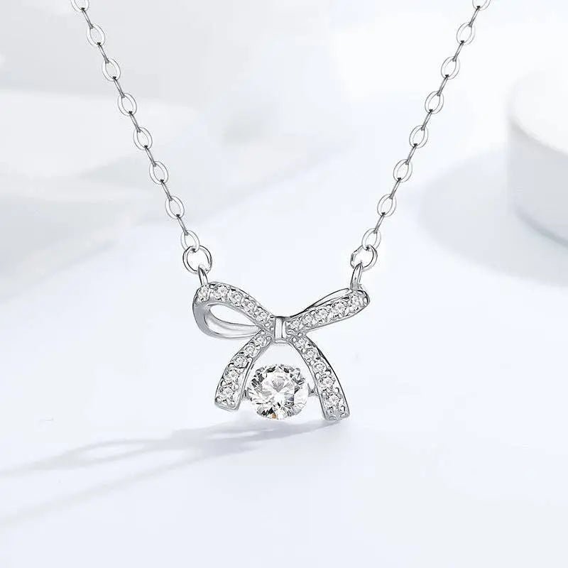 Bow Bowknot Dancing Stone Necklace in 925 Sterling Silver