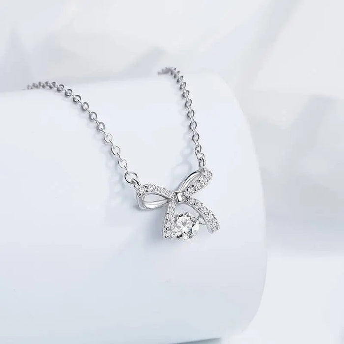 Bow Bowknot Dancing Stone Necklace in 925 Sterling Silver - LECCE