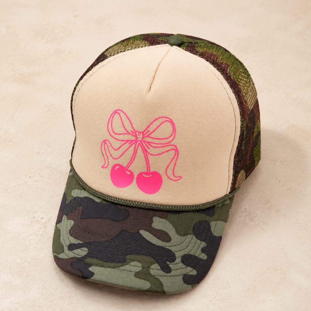 Trucker Hat Bow Cherry Camouflage Cap on cream stone - LECCE catalog