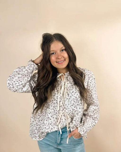 Bow Tie Front Floral Print Flounce Sleeve Blouse - LECCE