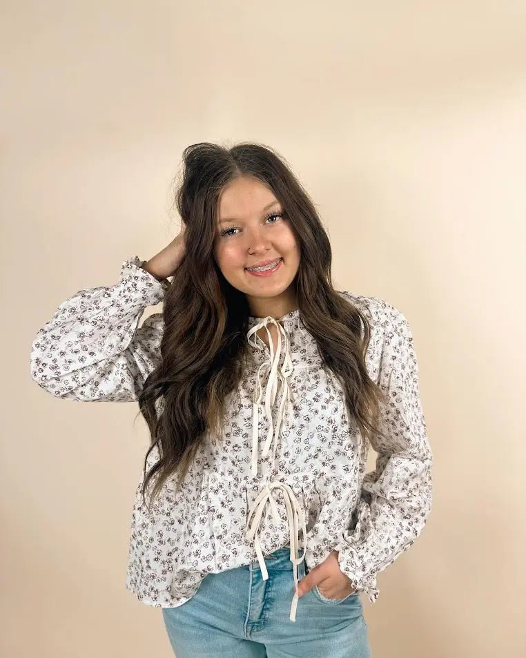Bow Tie Front Floral Print Flounce Sleeve Blouse - LECCE