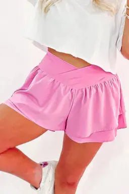 Bright Pink Crossed Waist Tiered Flowy Shorts - LECCE