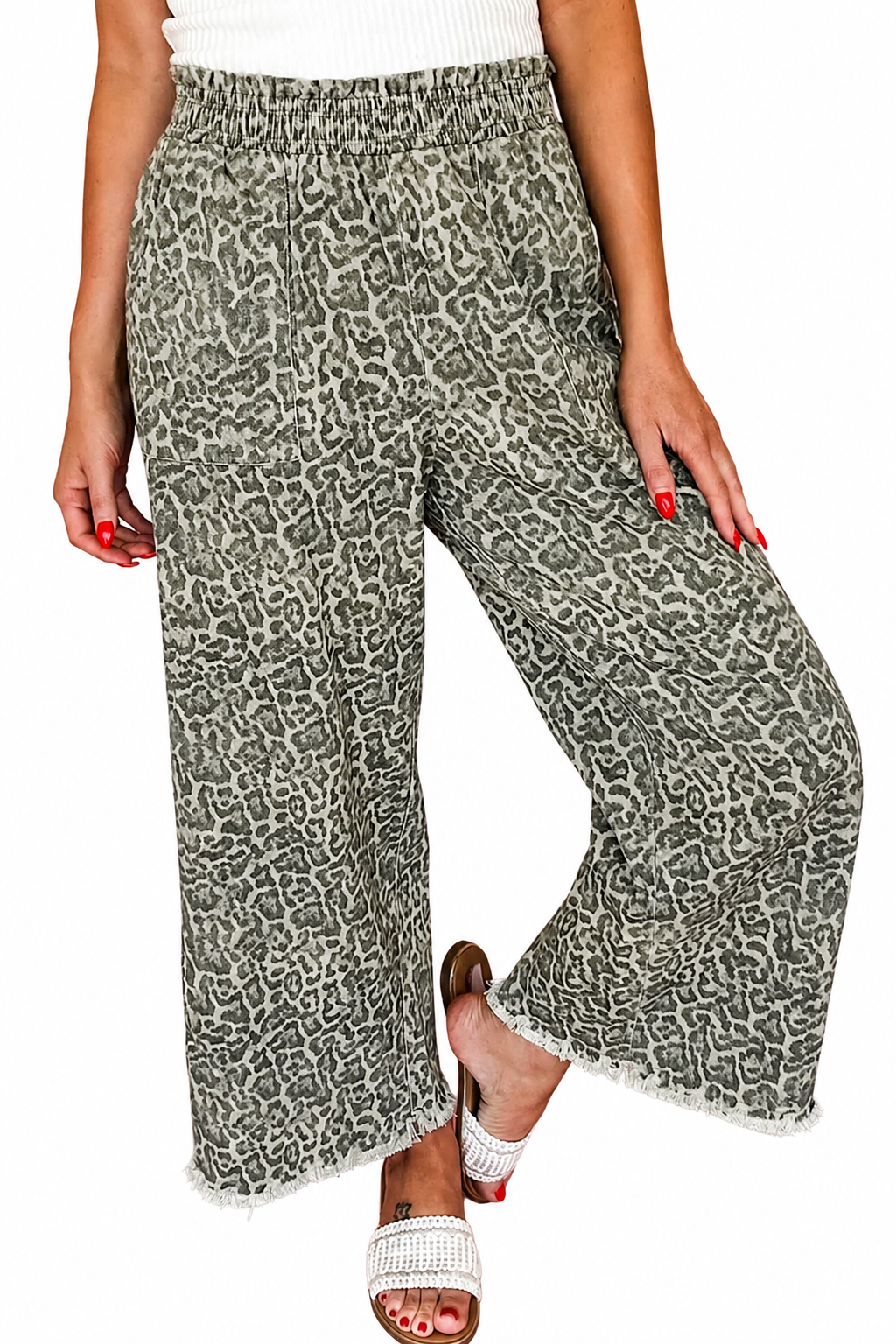 Brown Leopard Print Raw Hem Elastic Waist Loose Pull On Jeans