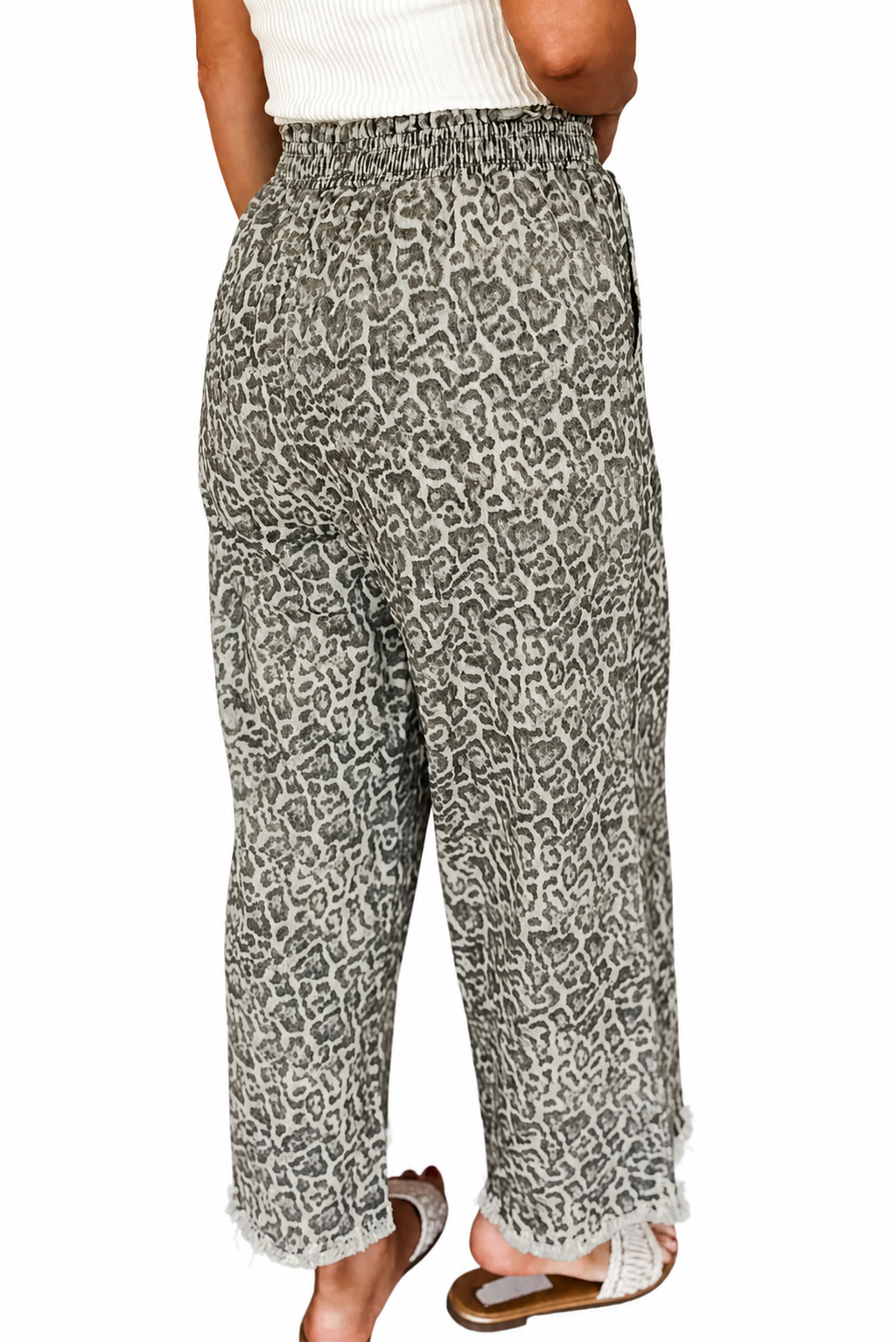 Brown Leopard Print Raw Hem Elastic Waist Loose Pull On Jeans