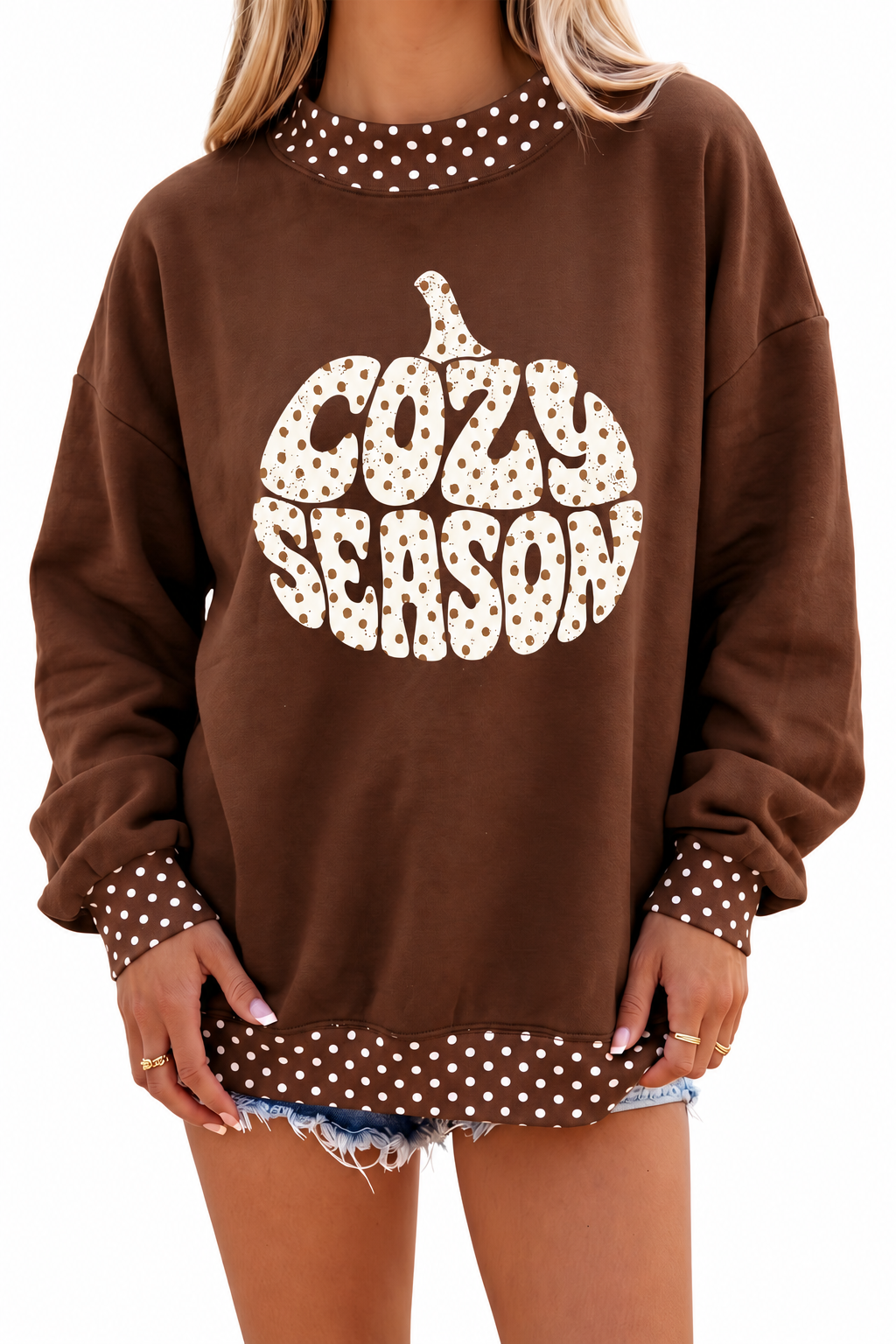 Brown Polka Dot COZY SEASON Pumpkin Graphic Sweatshirt