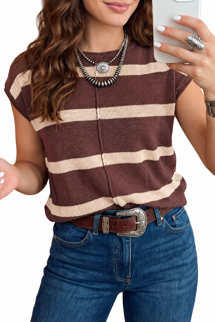 Brown Stripe Western Short Sleeve Knit Sweater