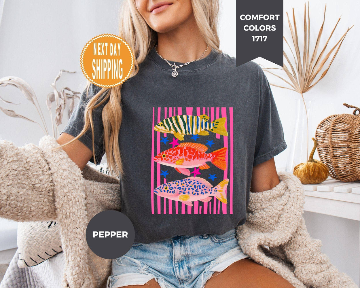 Comfort Colors Colorful Fish Shirt, Pink Striped Ocean Tee