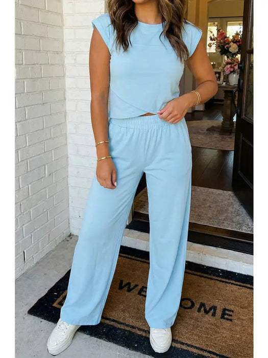 Beau Blue Solid Color Cropped Tank Top and Jogger Pants Set Dear lover