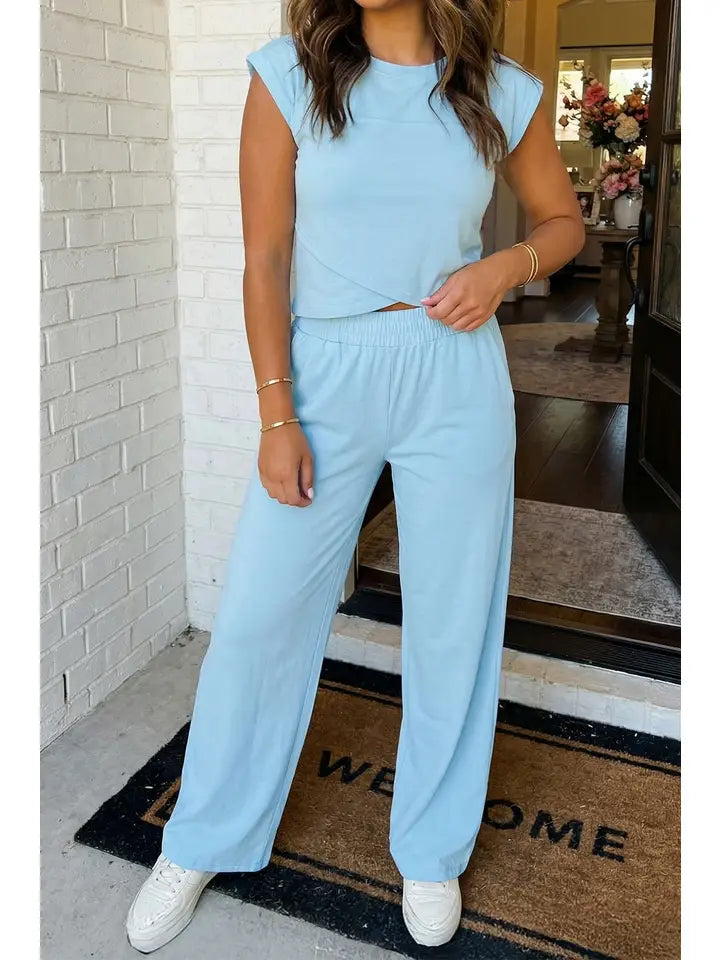 Beau Blue Solid Color Cropped Tank Top and Jogger Pants Set