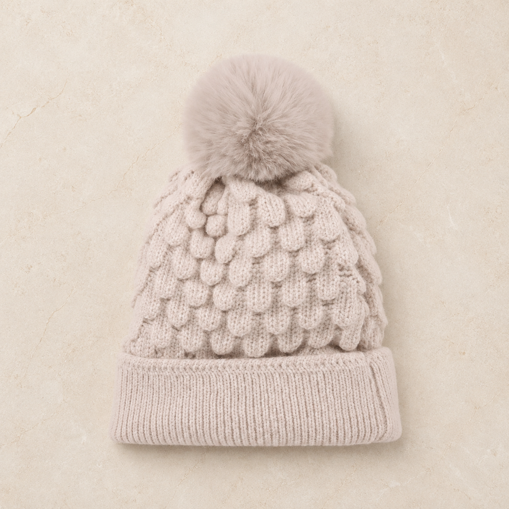Cable Knit Pom Pom Beanie With Warm Lining in sand beige on cream stone - LECCE catalog