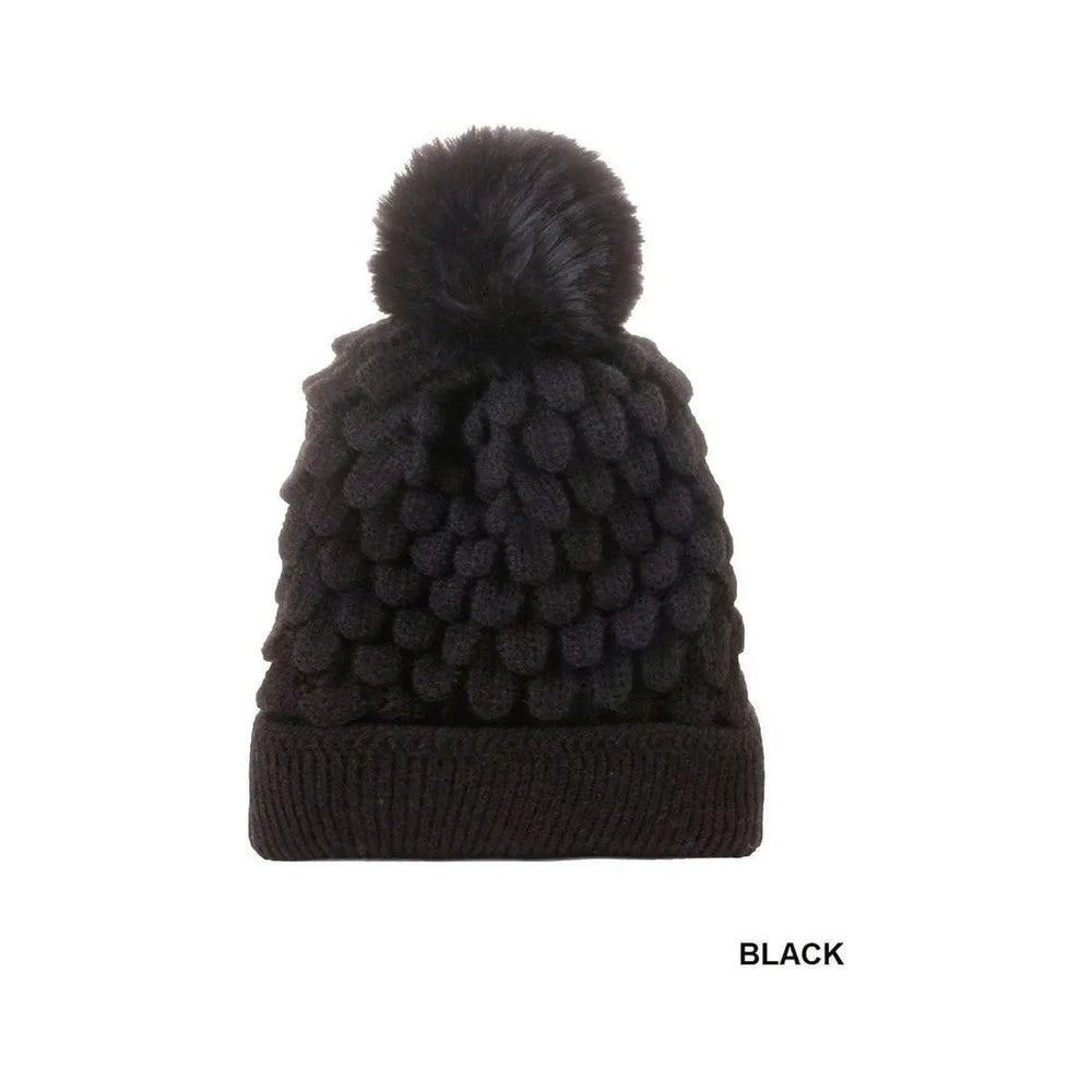 Cable Knit Pom Pom Beanie With Warm Lining - LECCE