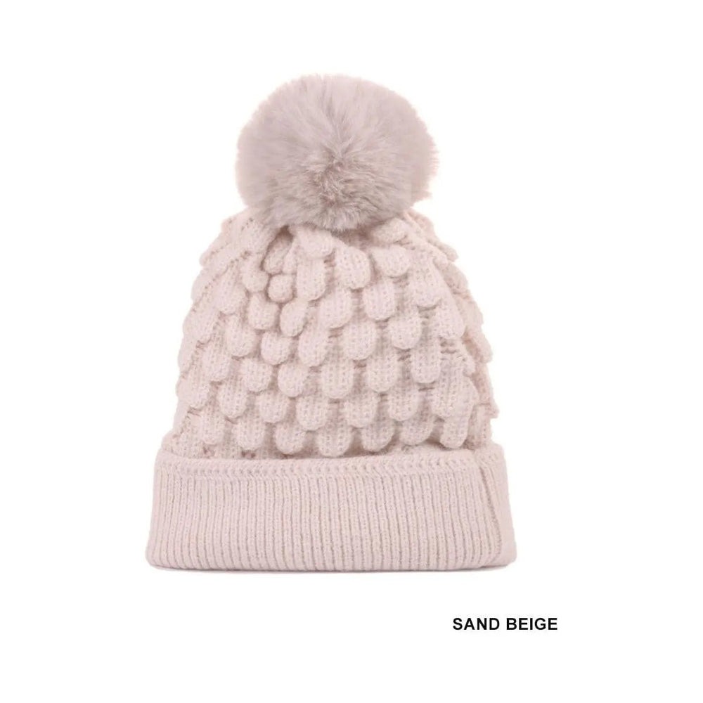 Cable Knit Pom Pom Beanie With Warm Lining - LECCE
