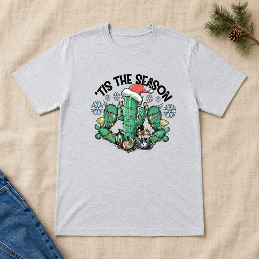 Cactus Tis the Season T-shirt flat lay
