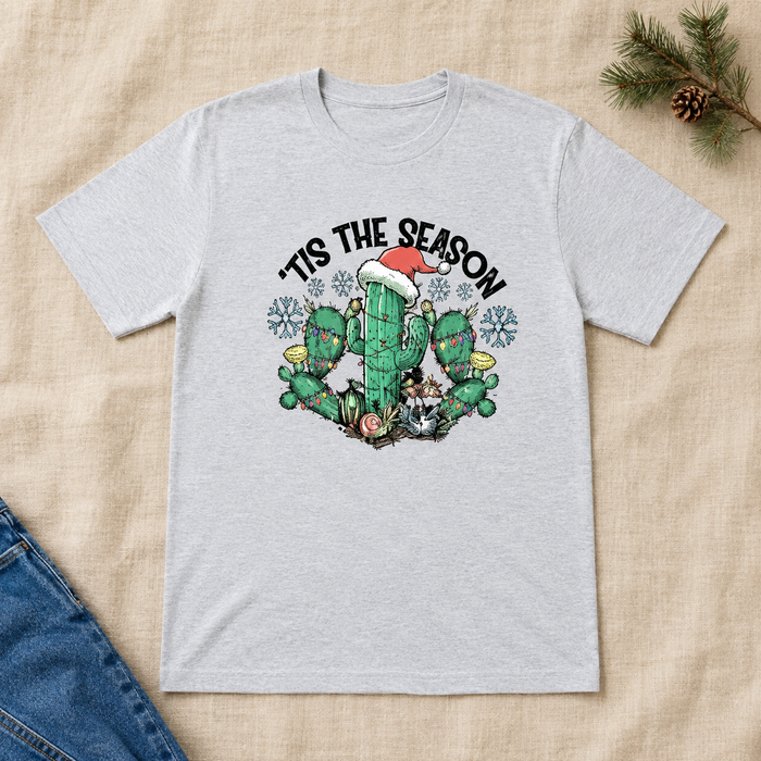 Cactus Tis the Season T-shirt flat lay