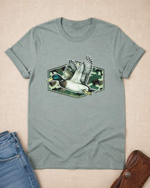 Camo Flying Mallard Duck T-Shirt flat lay