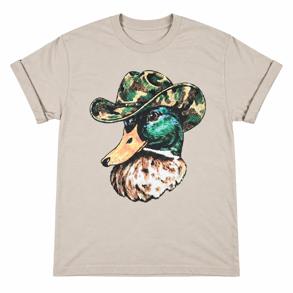 Light sand Camo Cowboy Hat Mallard graphic tee on white background