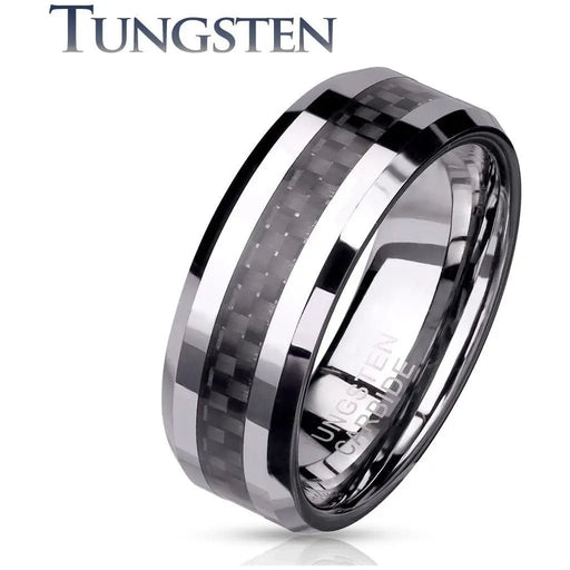 Carbon Fiber Center Beveled Edges Tungsten Carbide Rings - LECCE