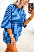 Blue Stripe Dropped Shoulder Tee Loose 2pcs Short Set Dear lover