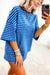 Blue Stripe Dropped Shoulder Tee Loose 2pcs Short Set Dear lover