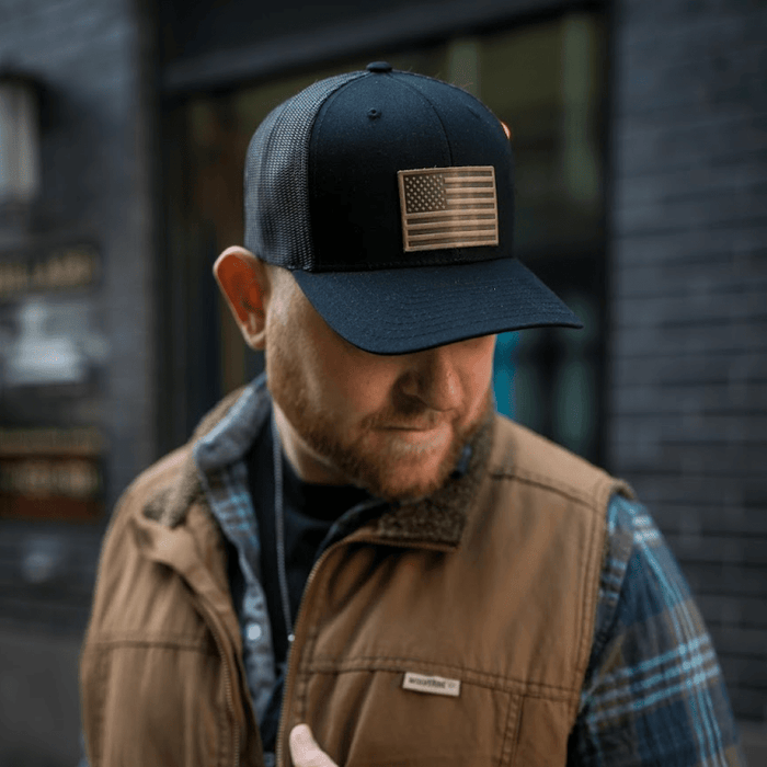 American Flag Hat | Leather Patch Trucker Hat