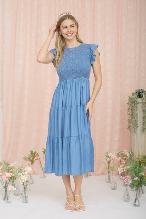 Chambray Smocked Tiered Midi Dress - LECCE