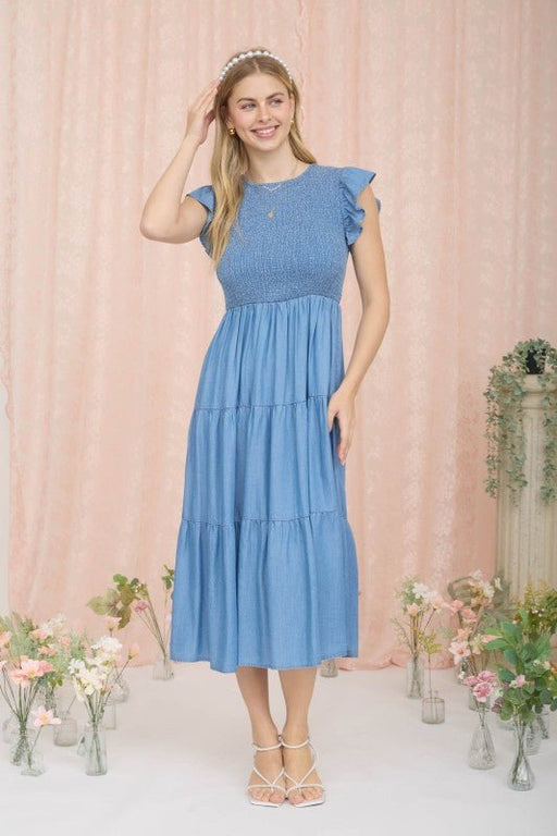 Chambray Smocked Tiered Midi Dress - LECCE