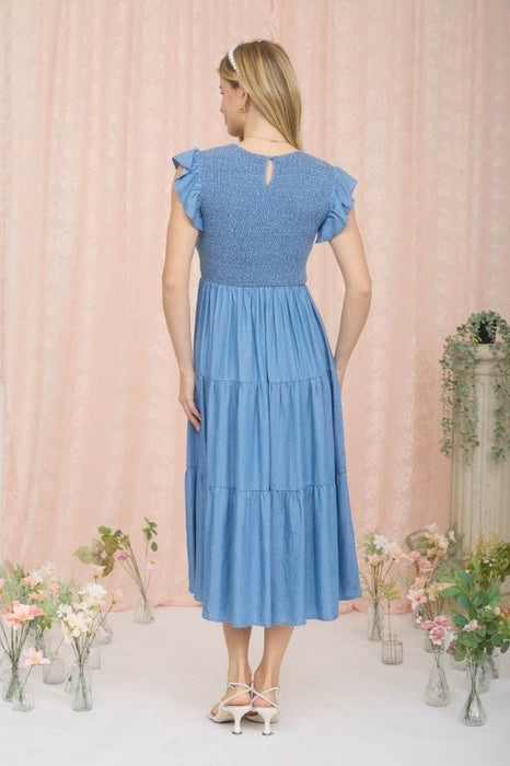 Chambray Smocked Tiered Midi Dress - LECCE