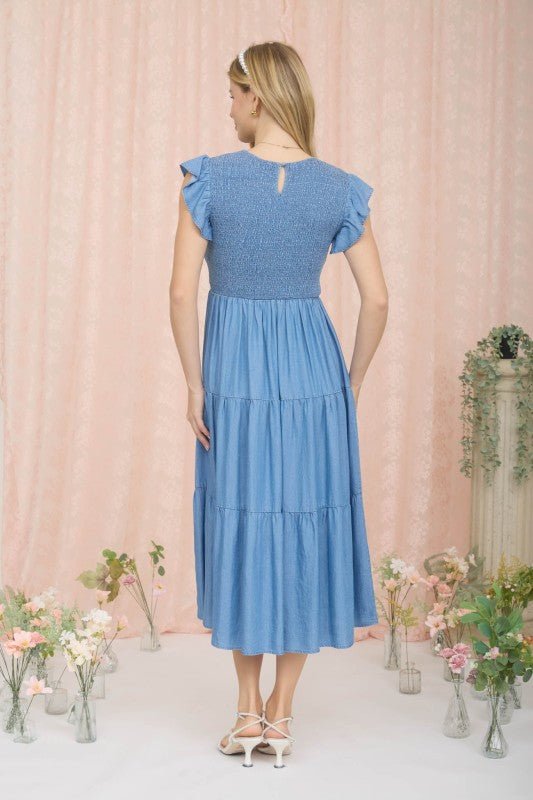Chambray Smocked Tiered Midi Dress - LECCE