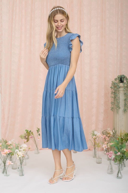 Chambray Smocked Tiered Midi Dress - LECCE