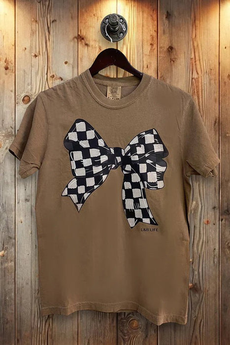 Checker Bow DTF Graphic T-Shirt in Espresso - LECCE