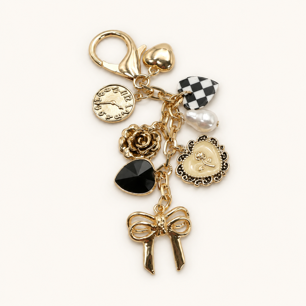 Bow Checker Heart Flower Bag Charm on soft-white background
