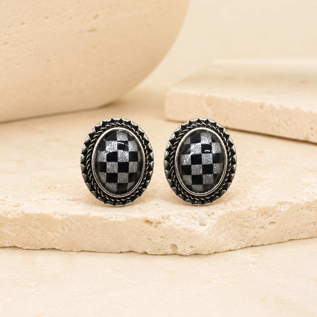 Checker Oval Post Earrings